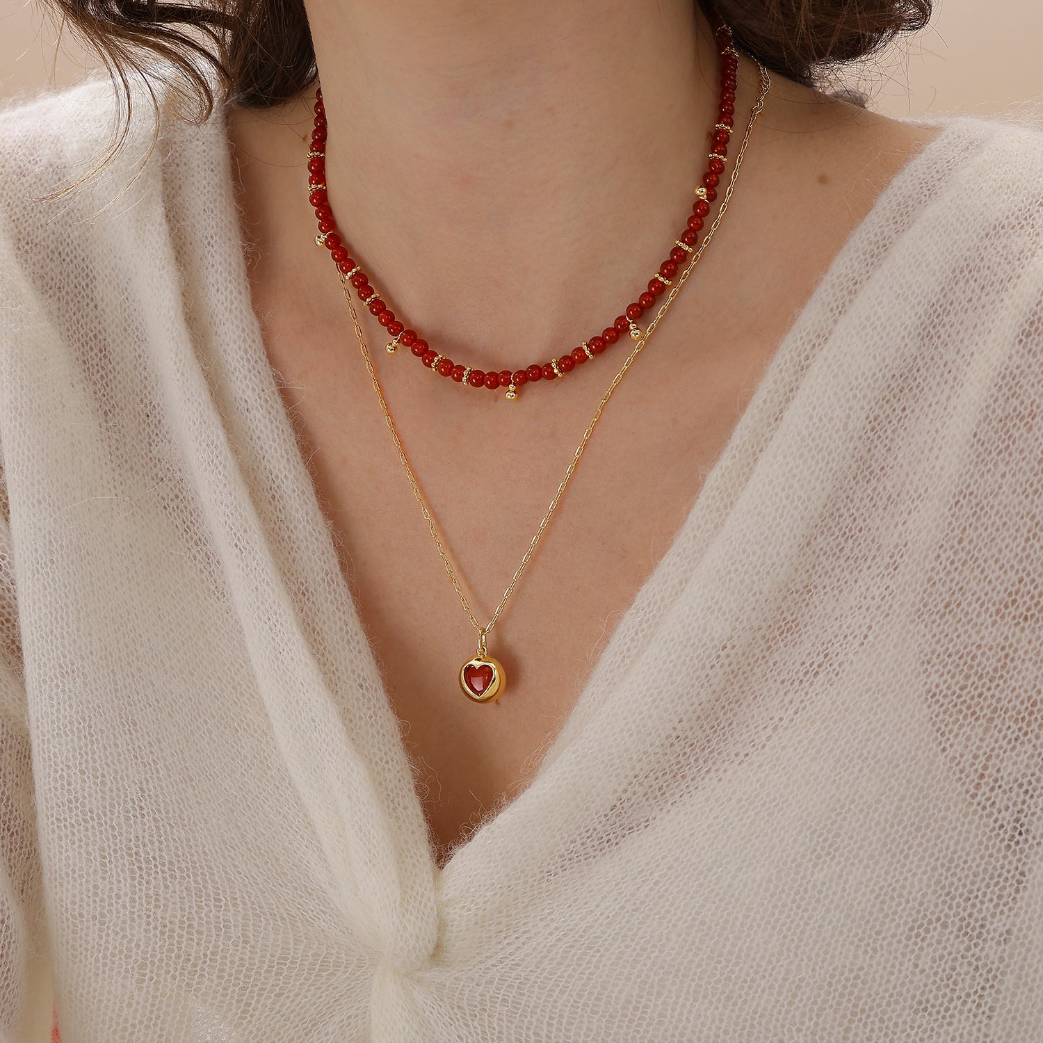 Red Agate Heart Poker Necklace