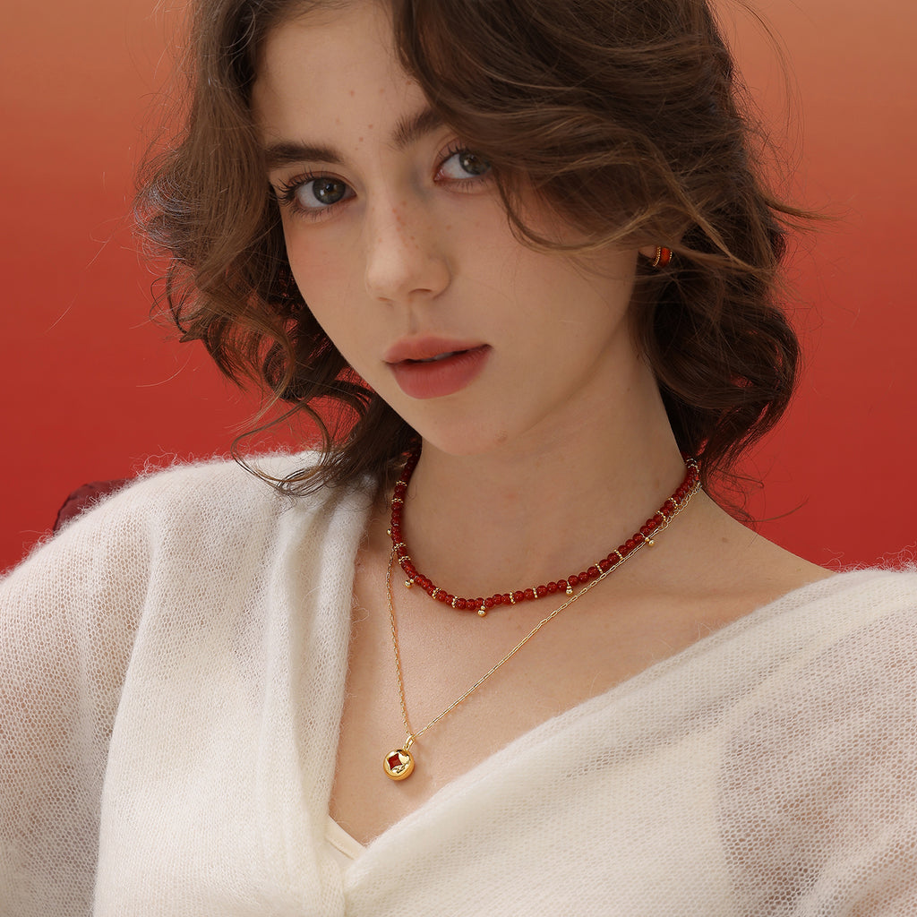 Red Agate Diamond Poker Necklace
