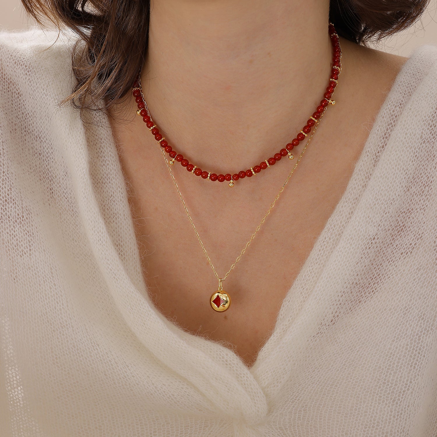 Red Agate Diamond Poker Necklace