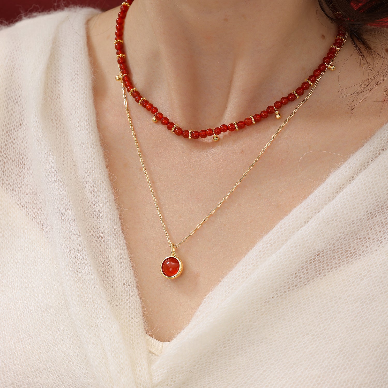 Red Agate Diamond Poker Necklace