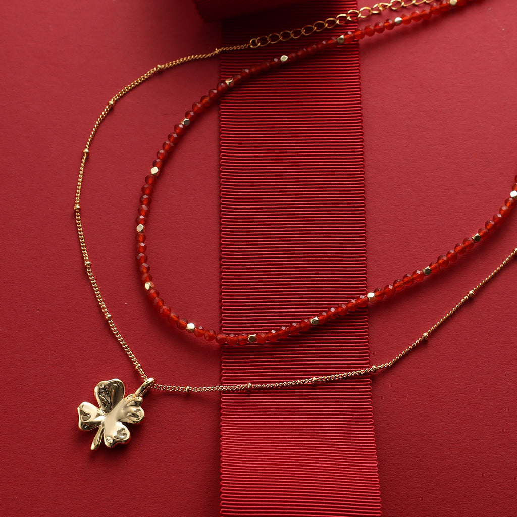 Red Agate Duo-Layer Necklace with Clover Charm