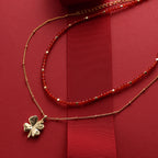 Red Agate Duo-Layer Necklace with Clover Charm