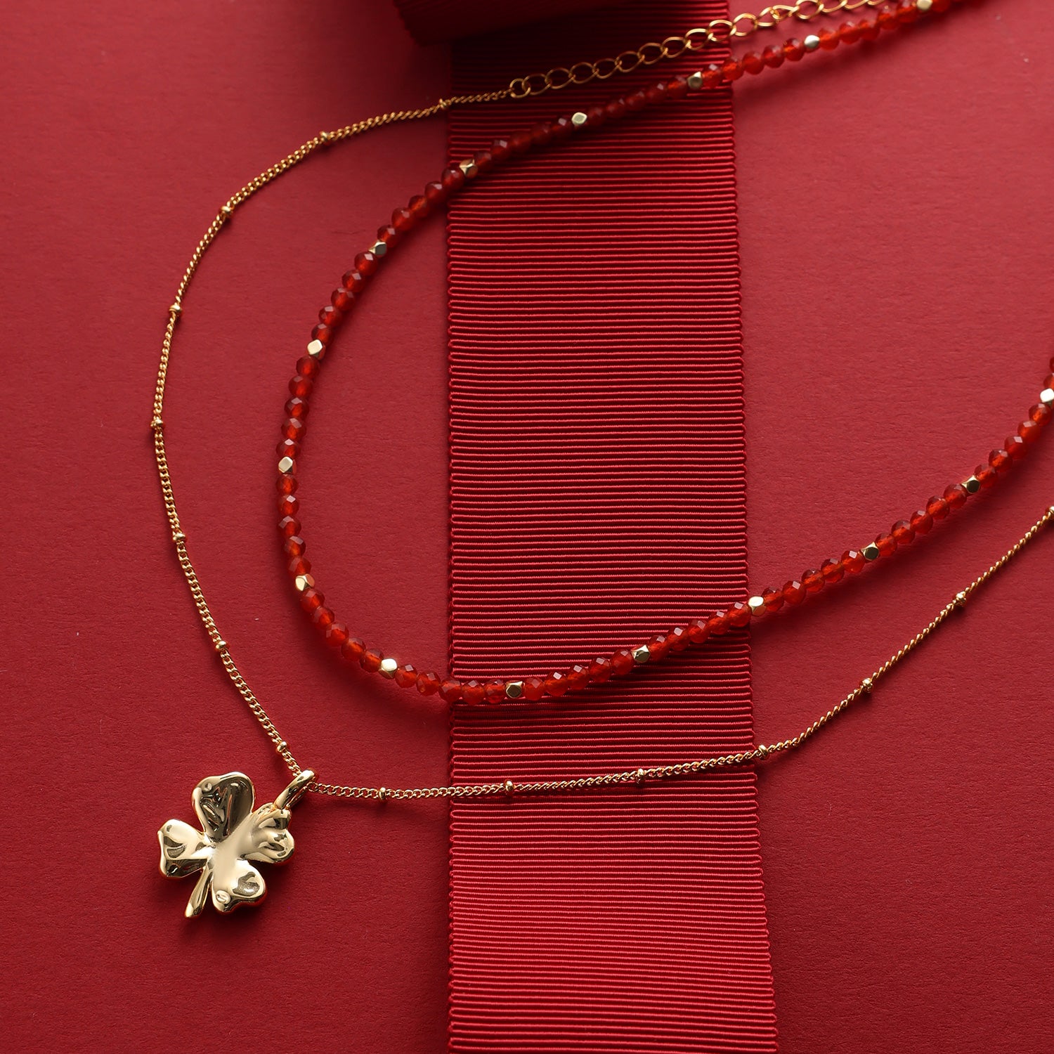 Red Agate Duo-Layer Necklace with Clover Charm
