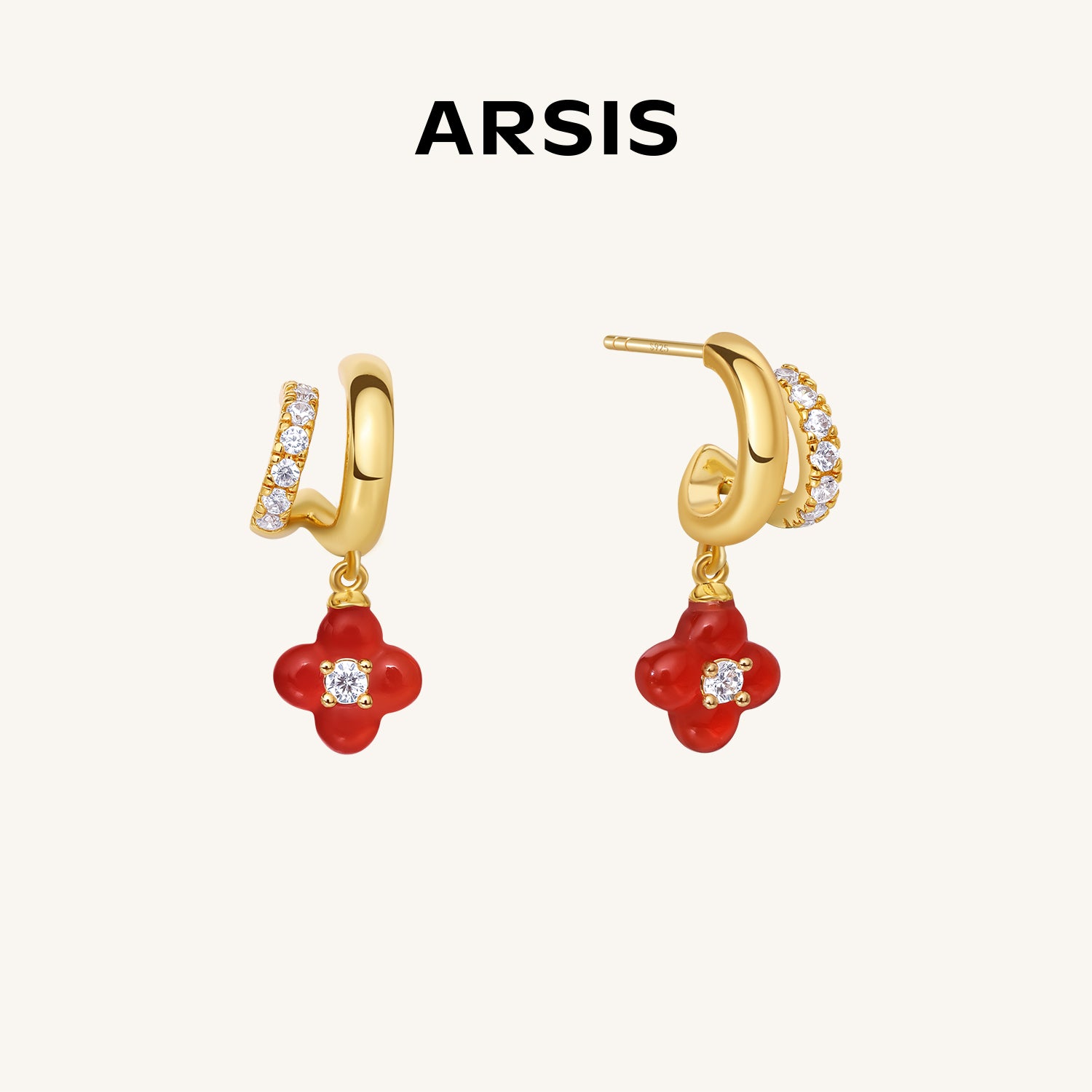 Gold-Tone Duo Hoop Earrings with Red Agate Clover
