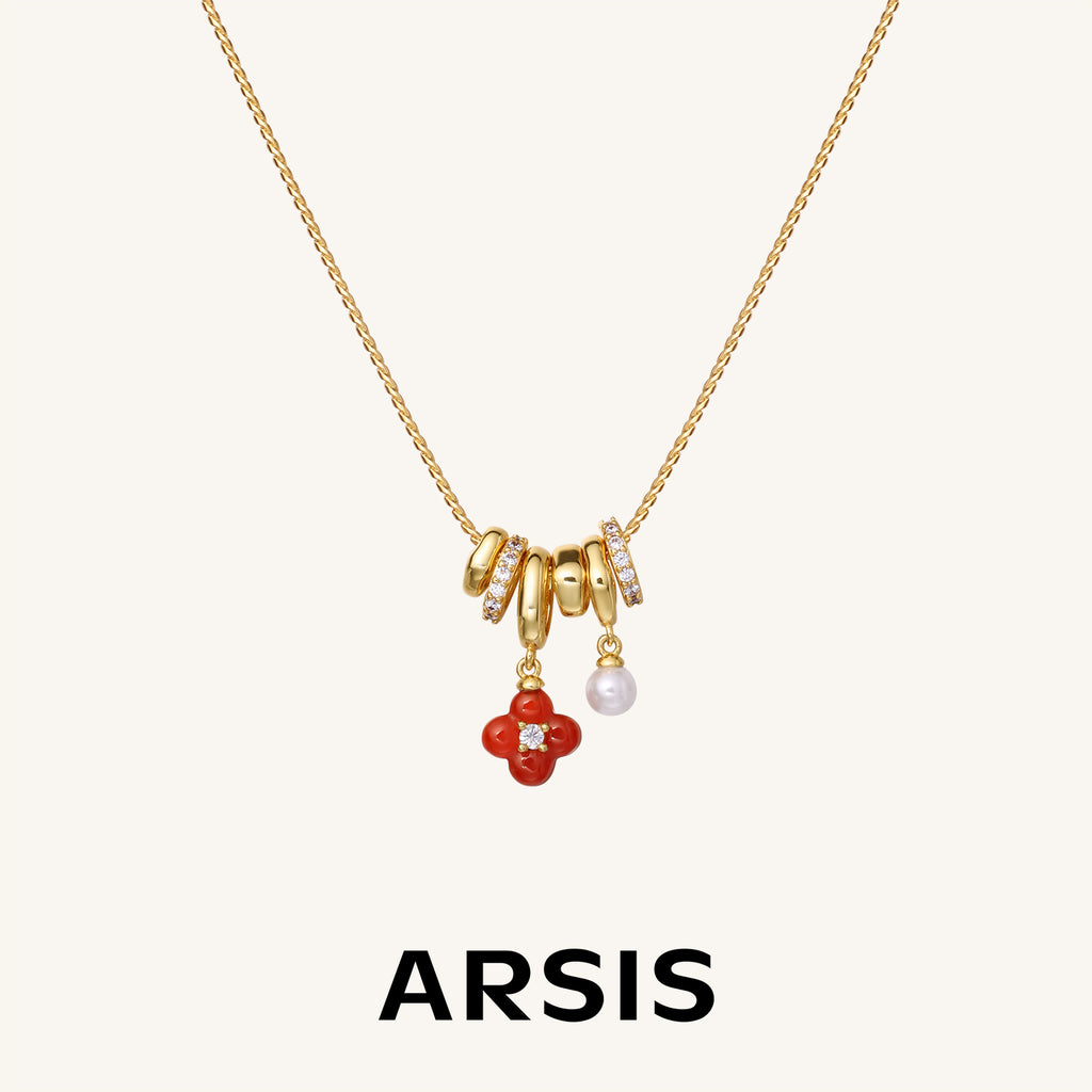 Gold-Tone Red Agate Clover Charm Necklace