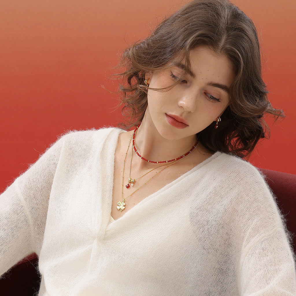 Red Agate Duo-Layer Necklace with Clover Charm