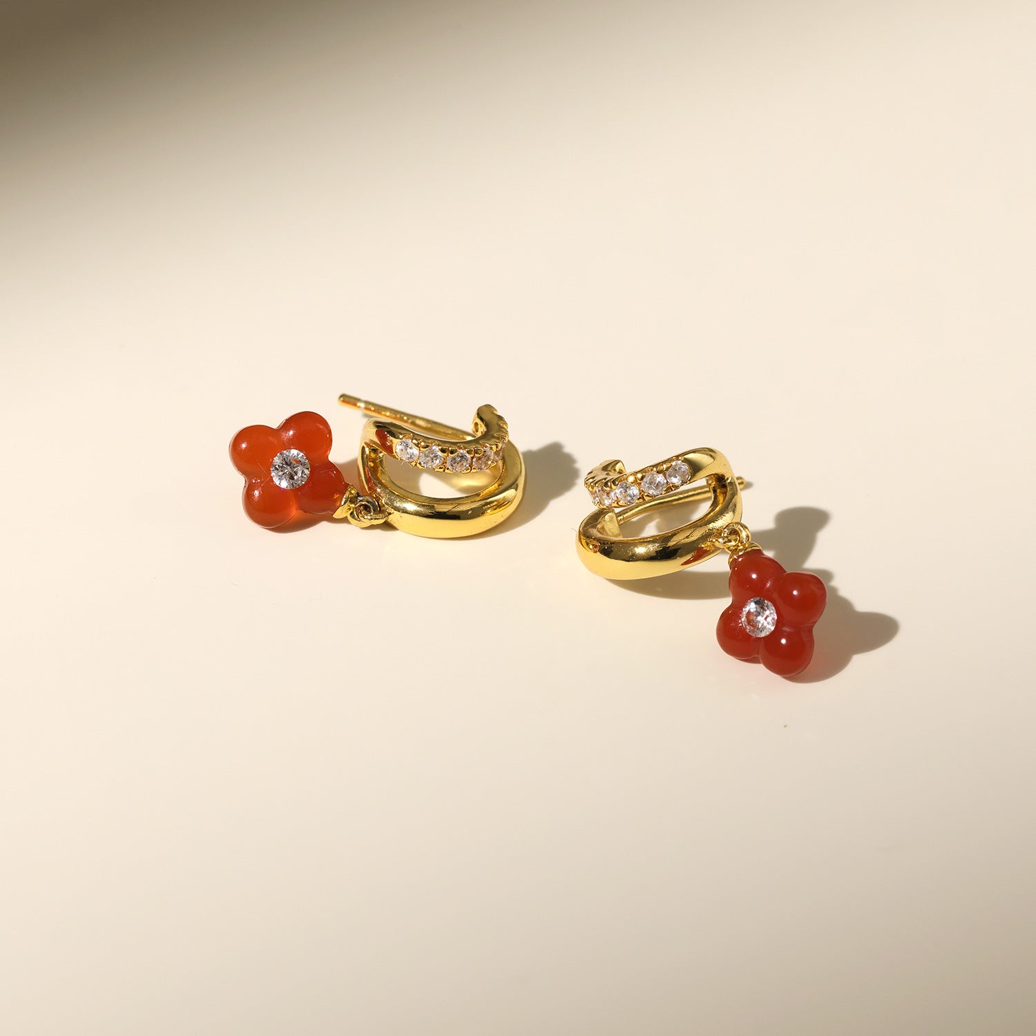Gold-Tone Duo Hoop Earrings with Red Agate Clover