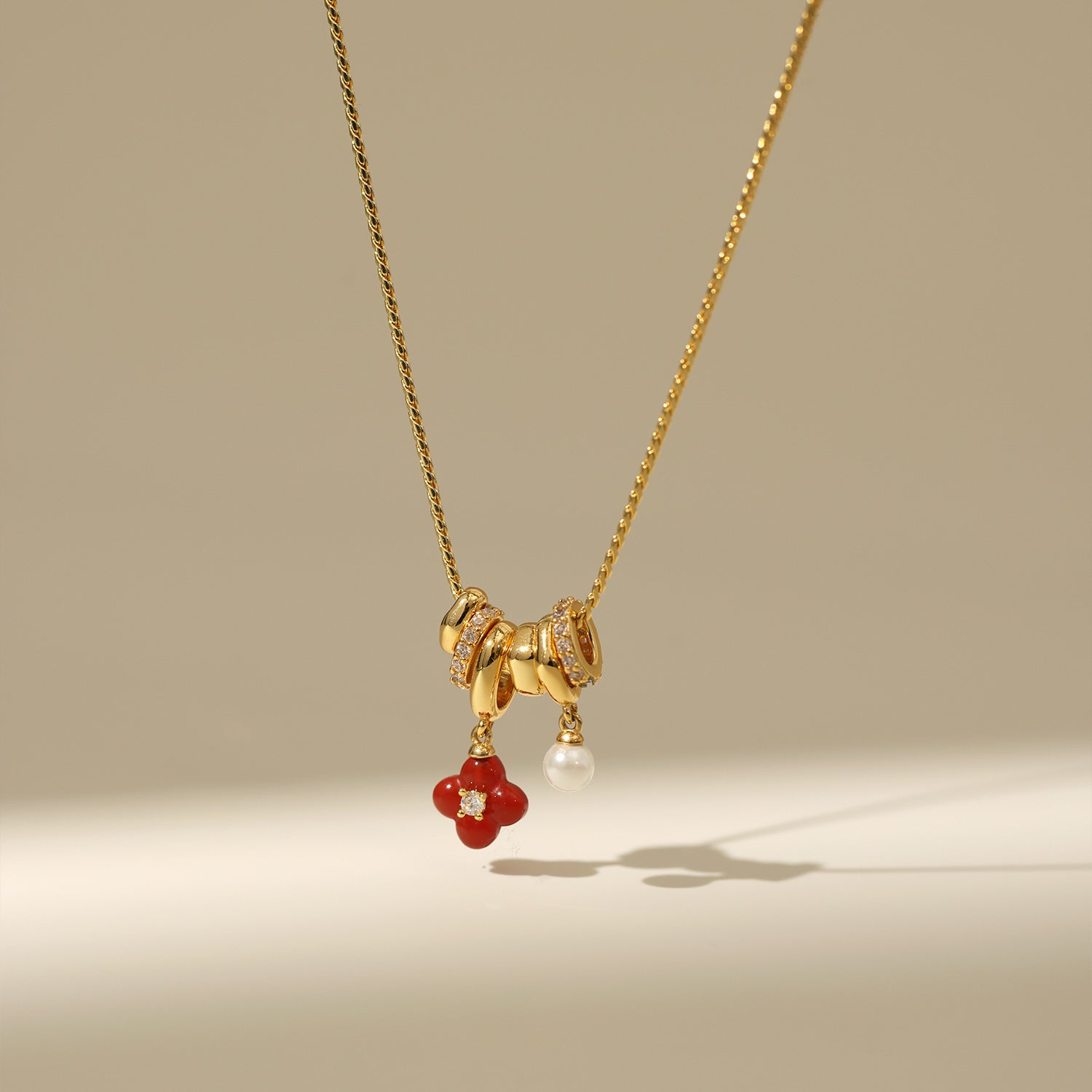 Gold-Tone Red Agate Clover Charm Necklace