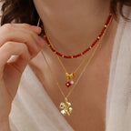 Red Agate Duo-Layer Necklace with Clover Charm