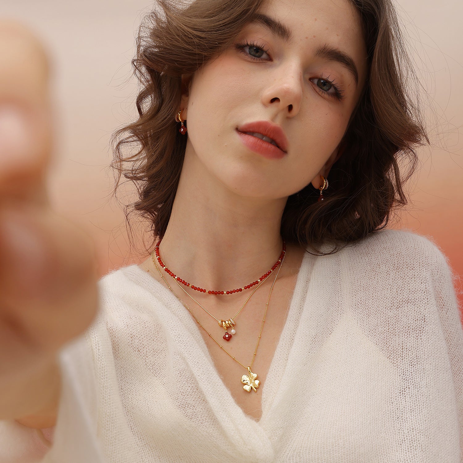 Red Agate Duo-Layer Necklace with Clover Charm