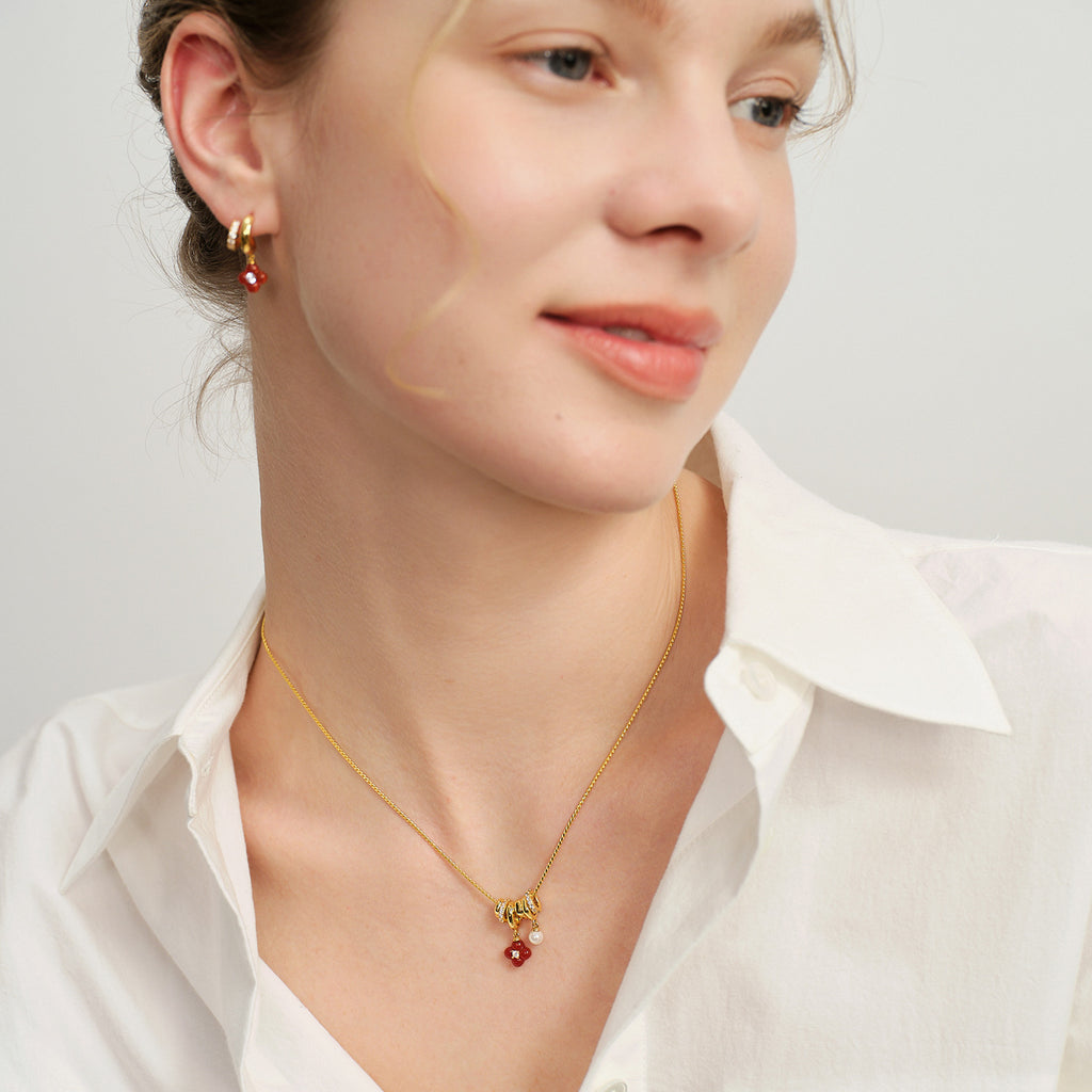 Gold-Tone Red Agate Clover Charm Necklace