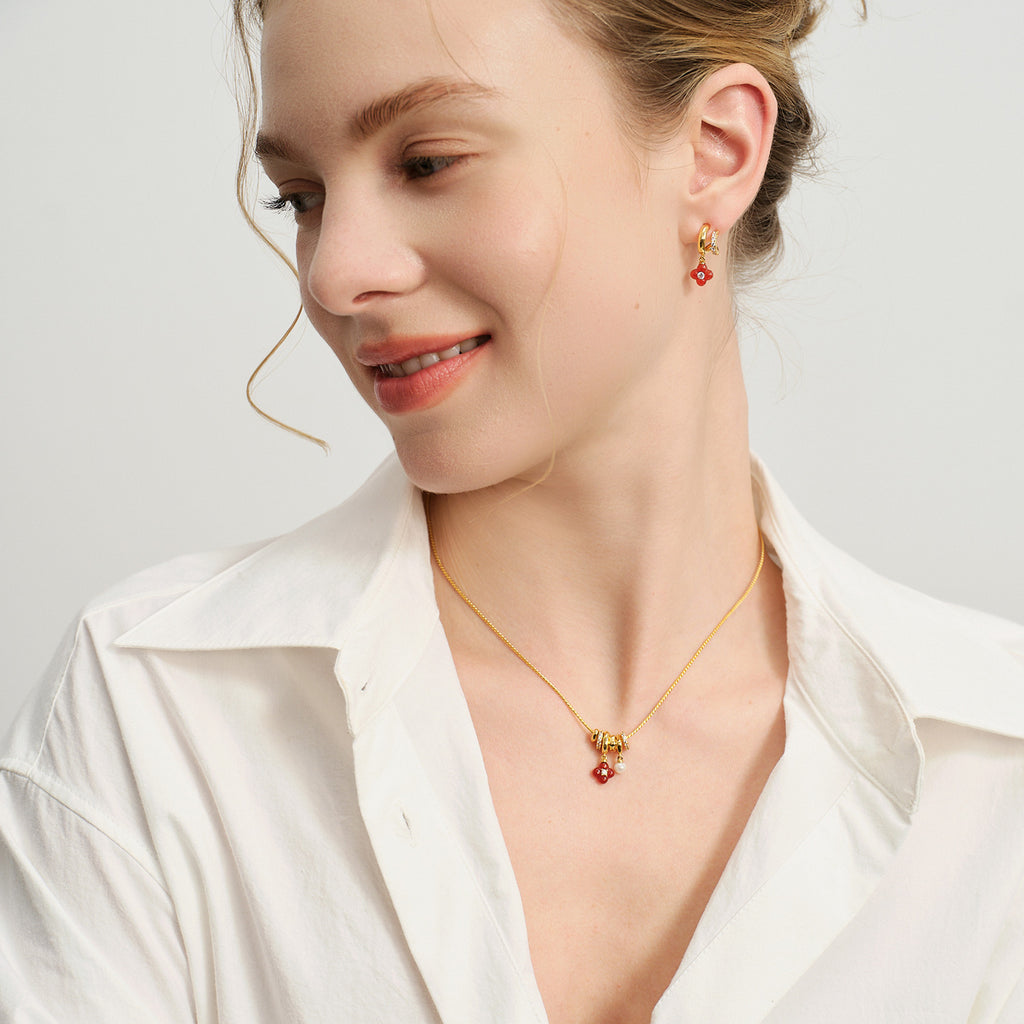 Gold-Tone Red Agate Clover Charm Necklace