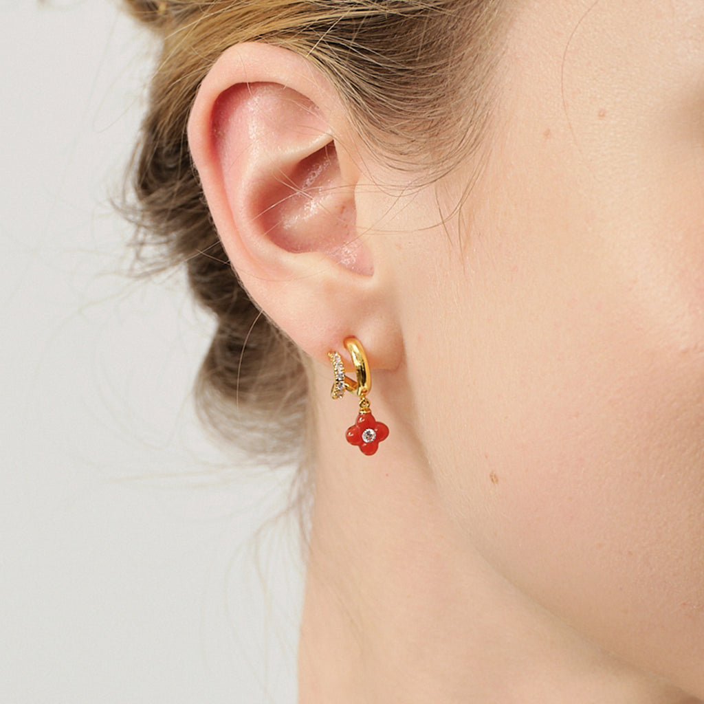 Gold-Tone Duo Hoop Earrings with Red Agate Clover
