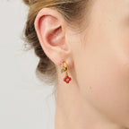 Gold-Tone Duo Hoop Earrings with Red Agate Clover