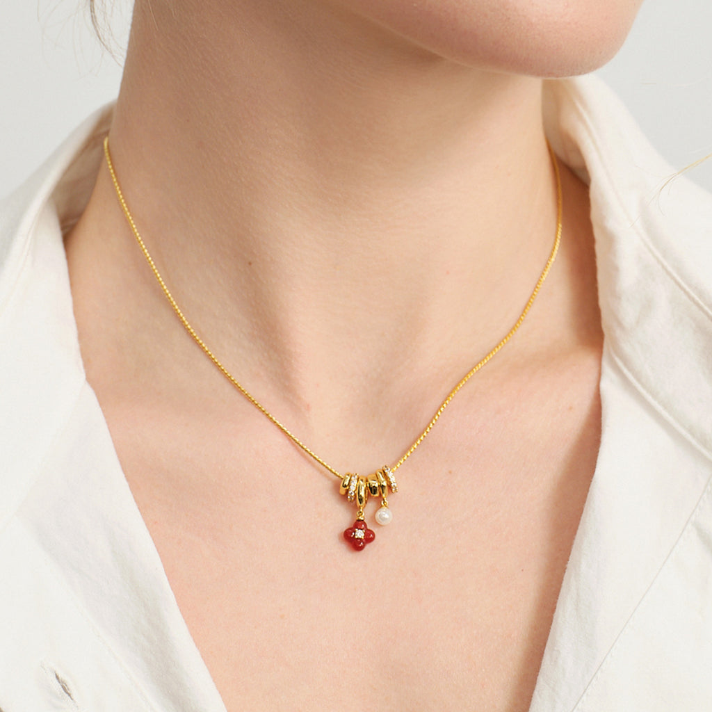 Gold-Tone Red Agate Clover Charm Necklace