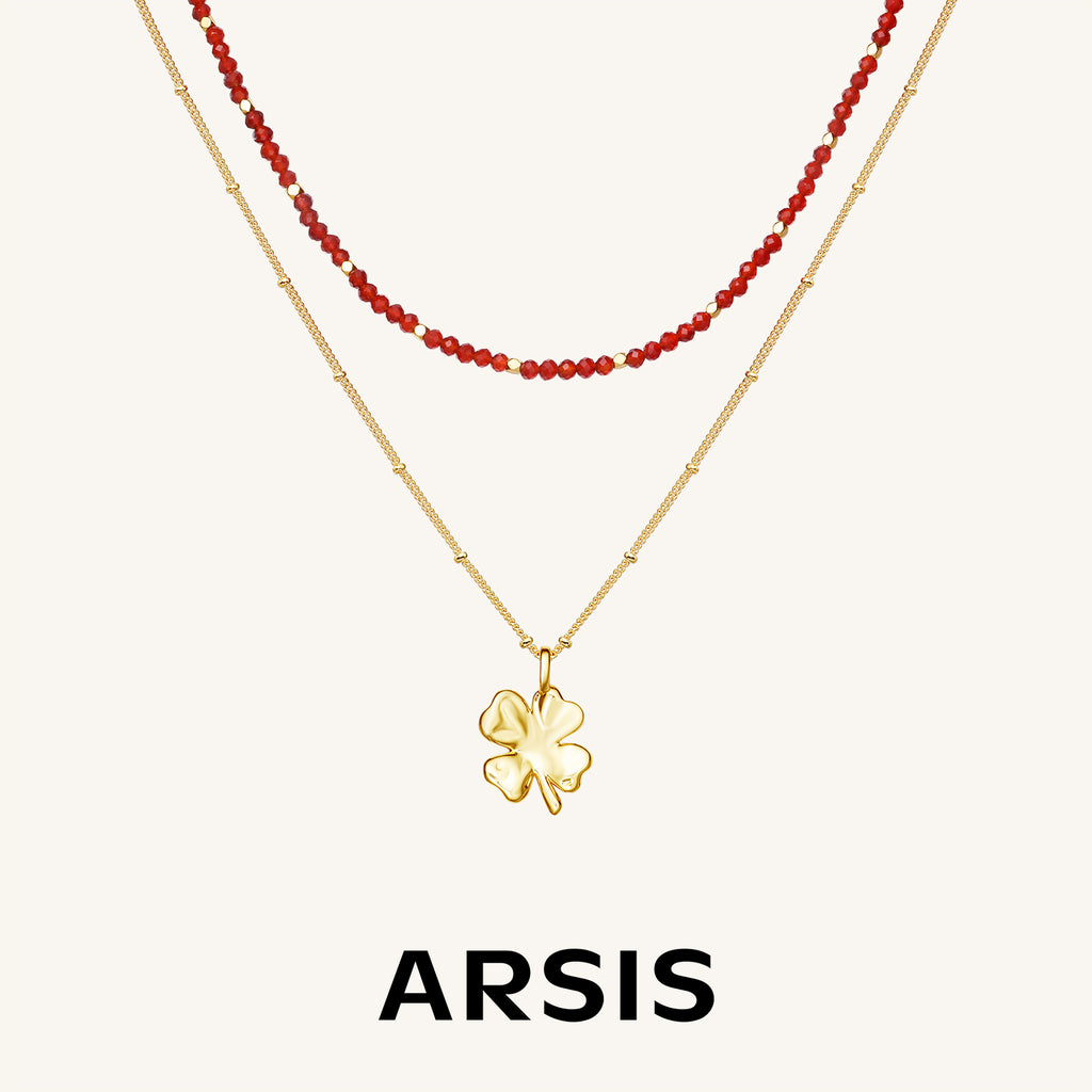 Red Agate Duo-Layer Necklace with Clover Charm