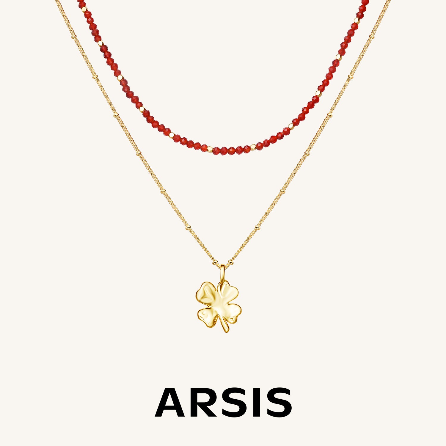 Red Agate Duo-Layer Necklace with Clover Charm