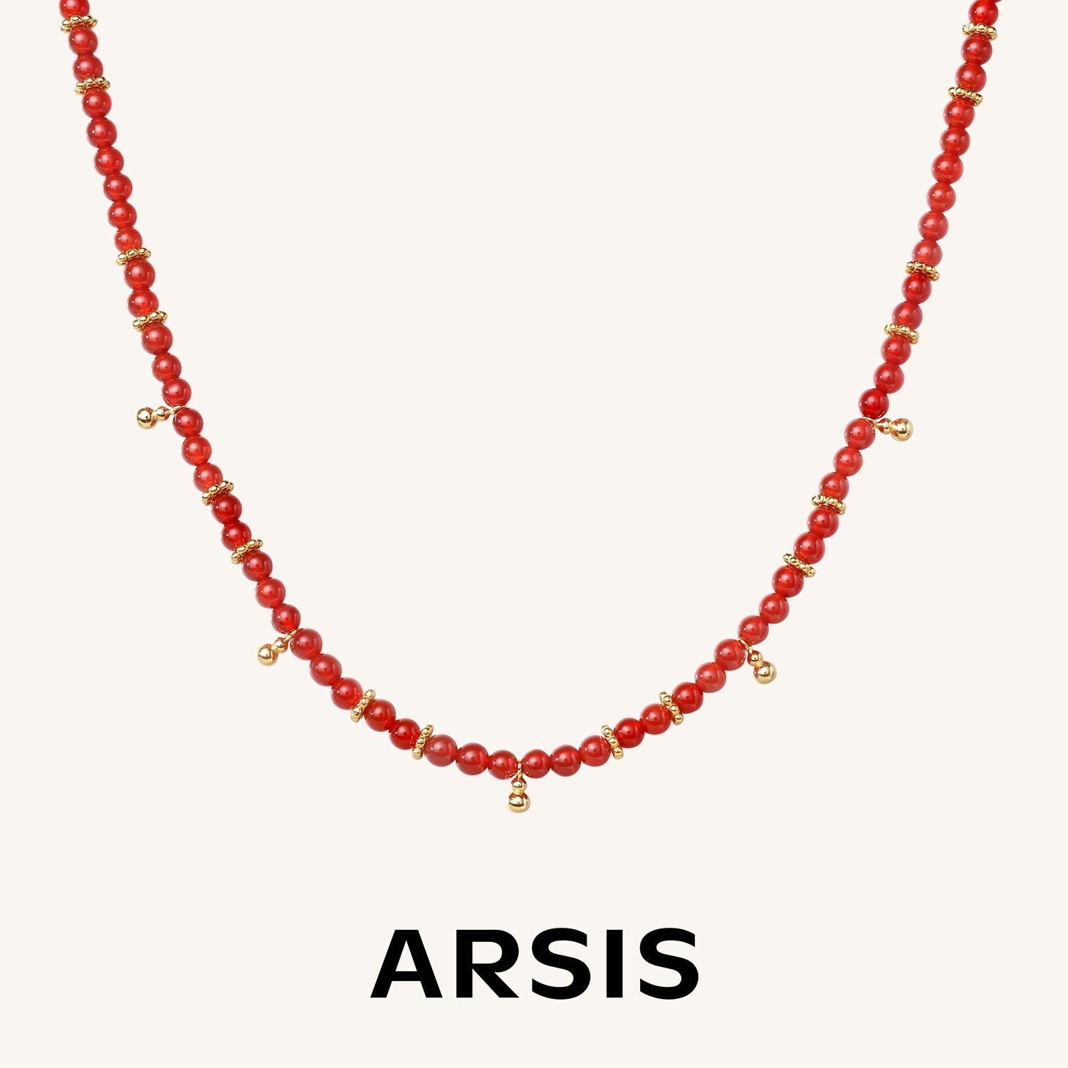 Red Agate Necklace with Gold Ball Charms