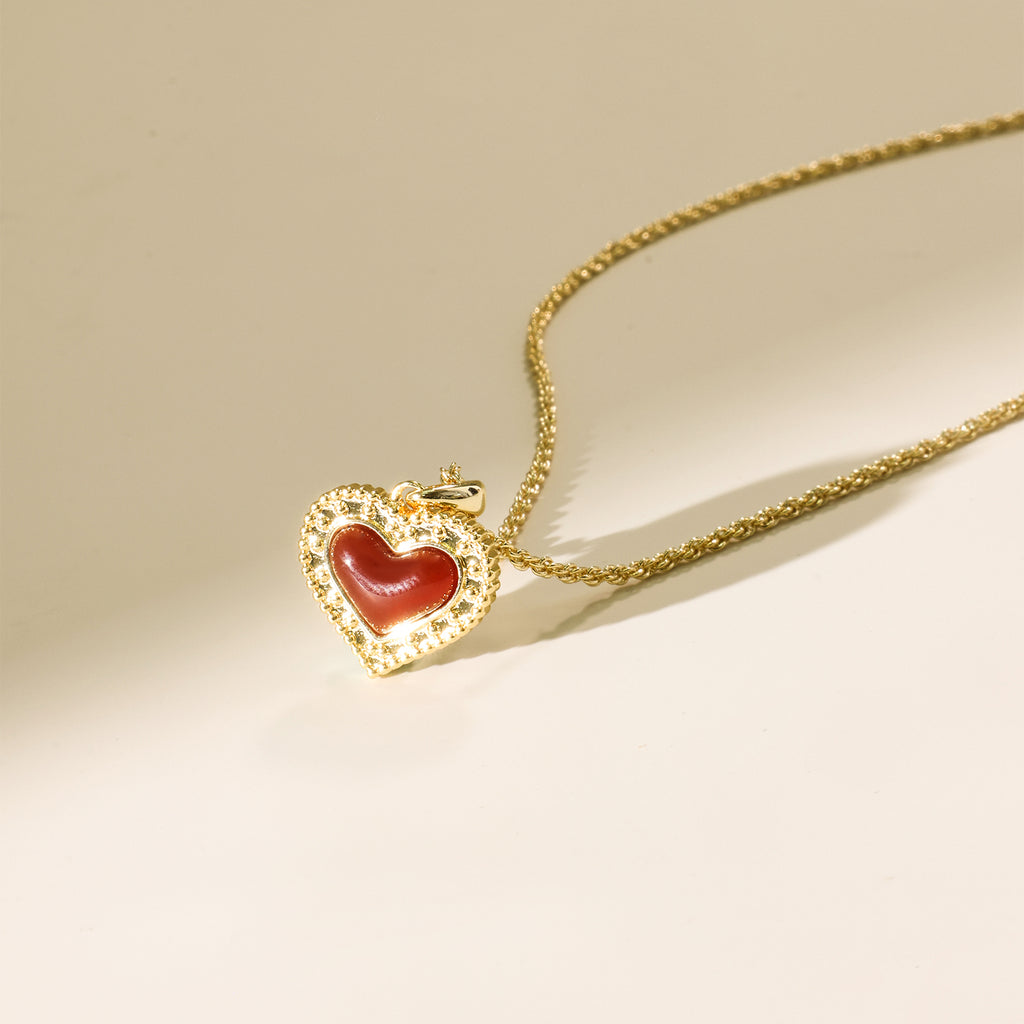 Gold-Tone Red Agate Heart Pendant Necklace