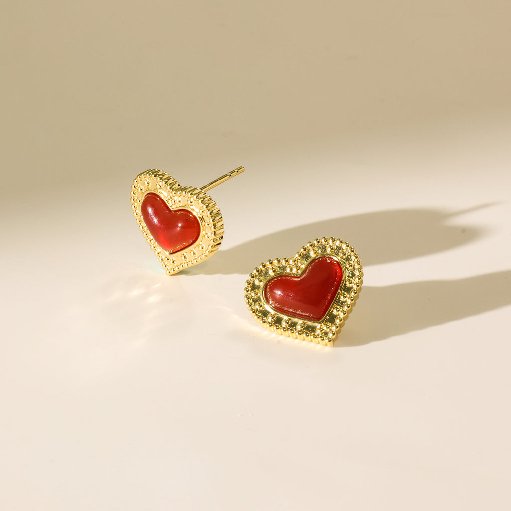 Gold-Tone Red Agate Heart Stud Earrings