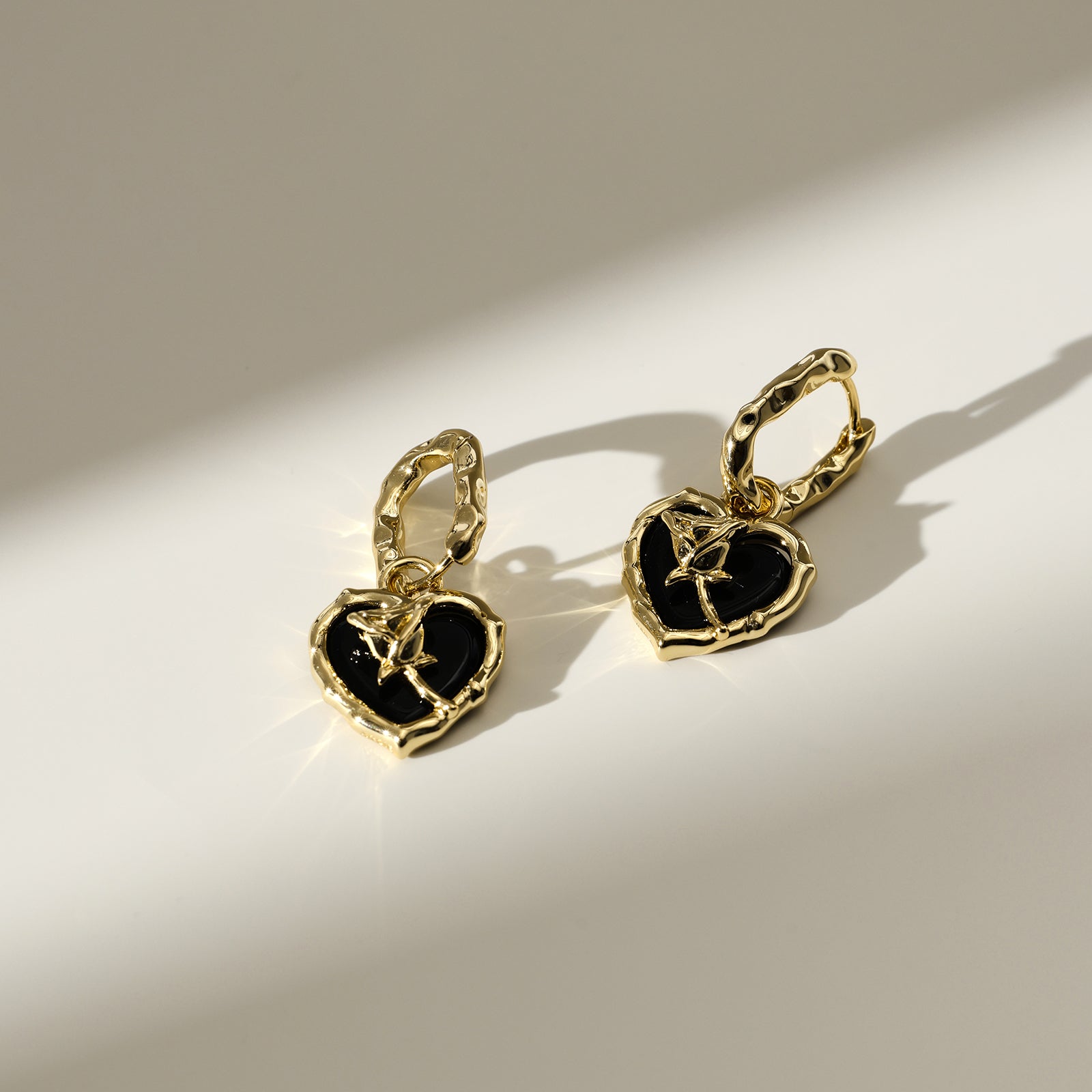 Black Agate Heart Huggie Earrings