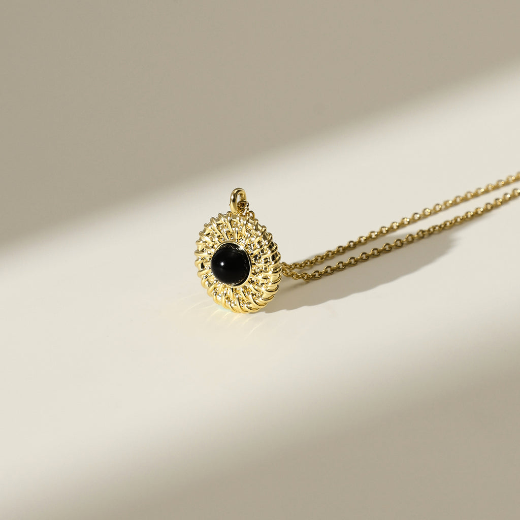 Black Agate Sunflower Pendant Necklace