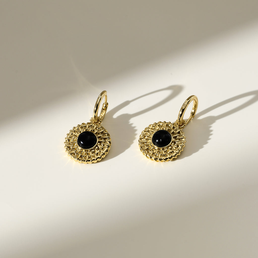 Black Agate Sunflower Huggie Earrings
