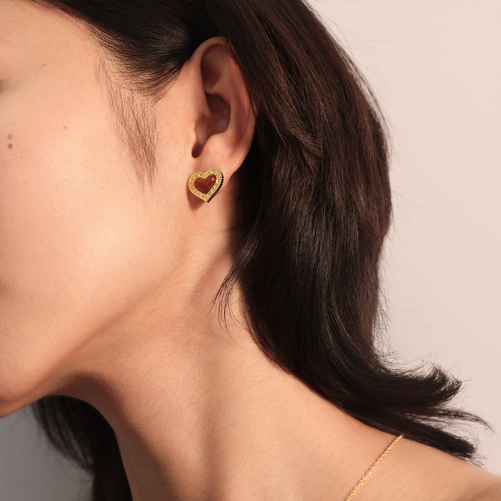 Gold-Tone Red Agate Heart Stud Earrings