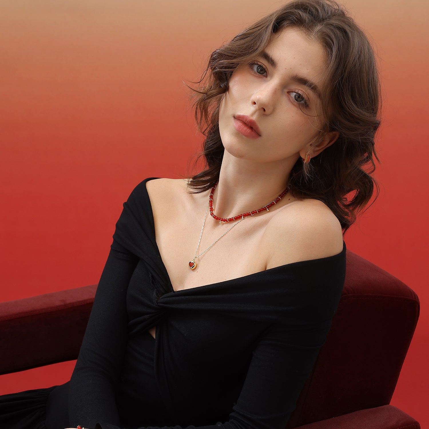 Red Agate Necklace with Gold Ball Charms