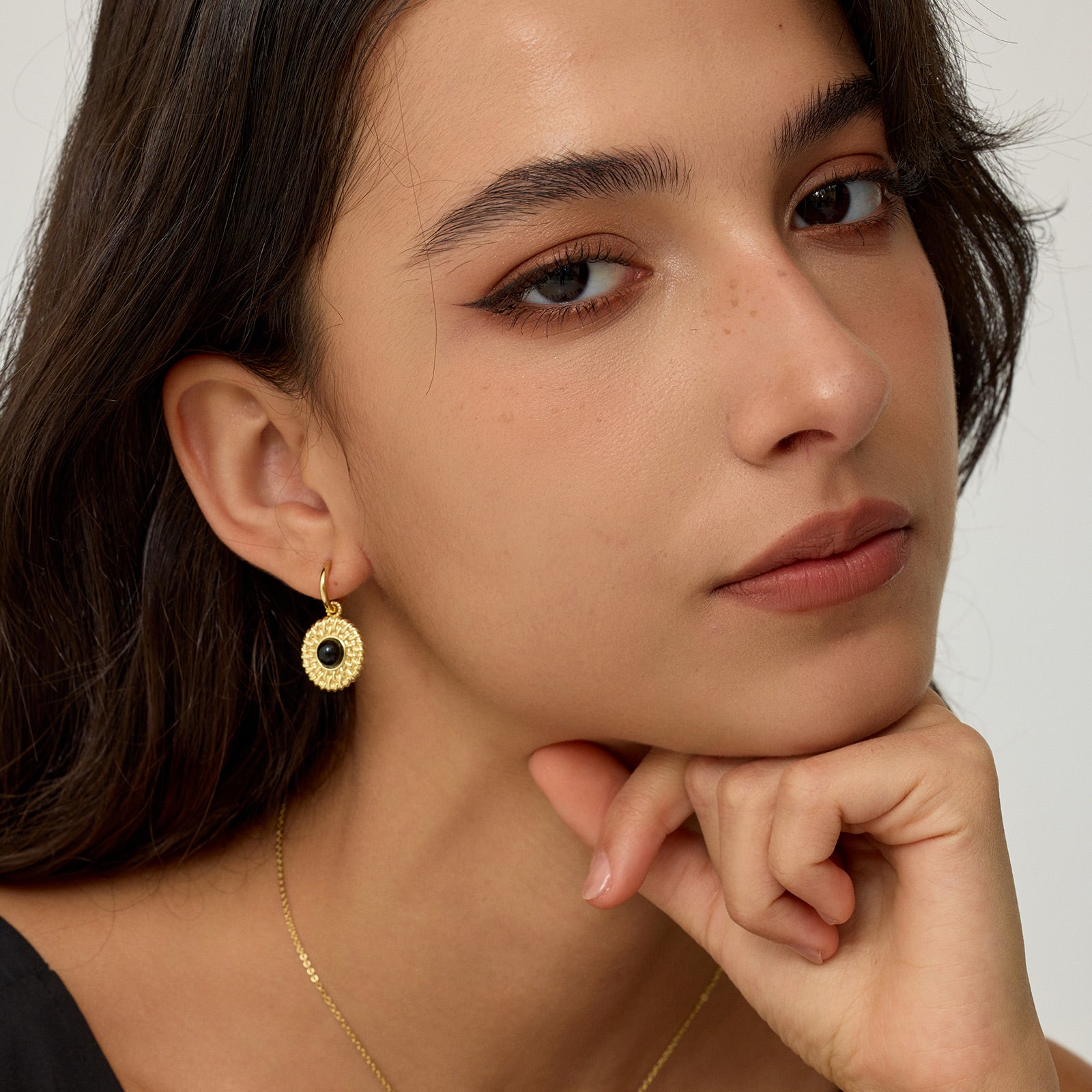 Black Agate Sunflower Huggie Earrings