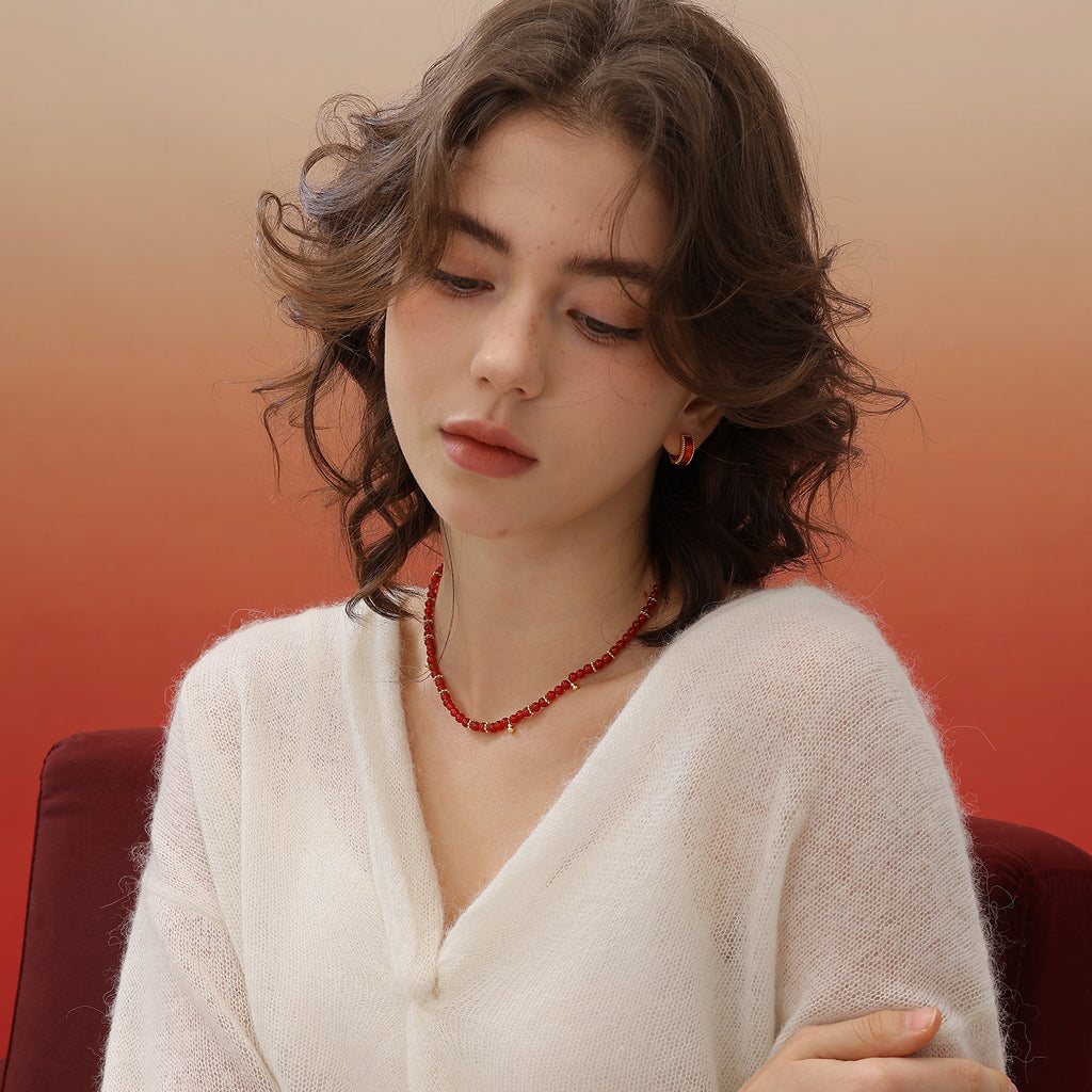 Red Agate Necklace with Gold Ball Charms