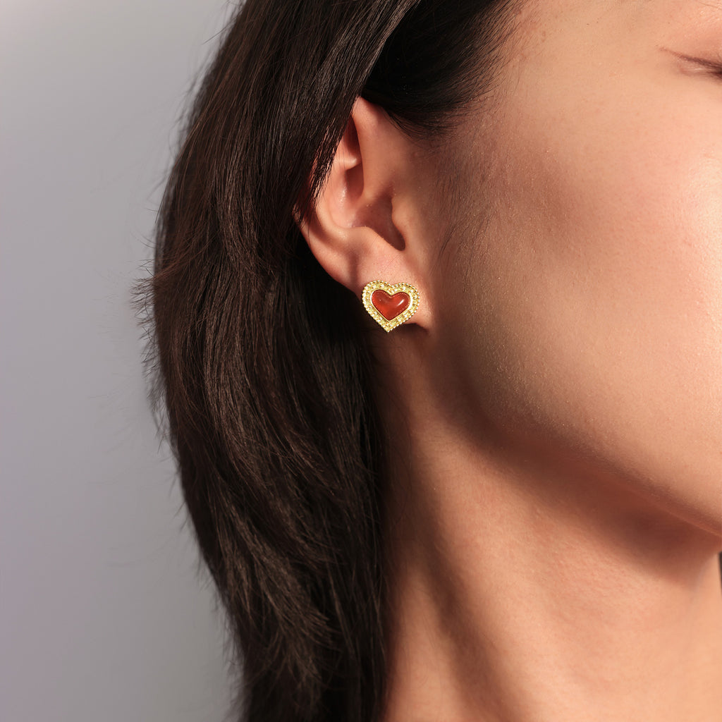 Gold-Tone Red Agate Heart Stud Earrings
