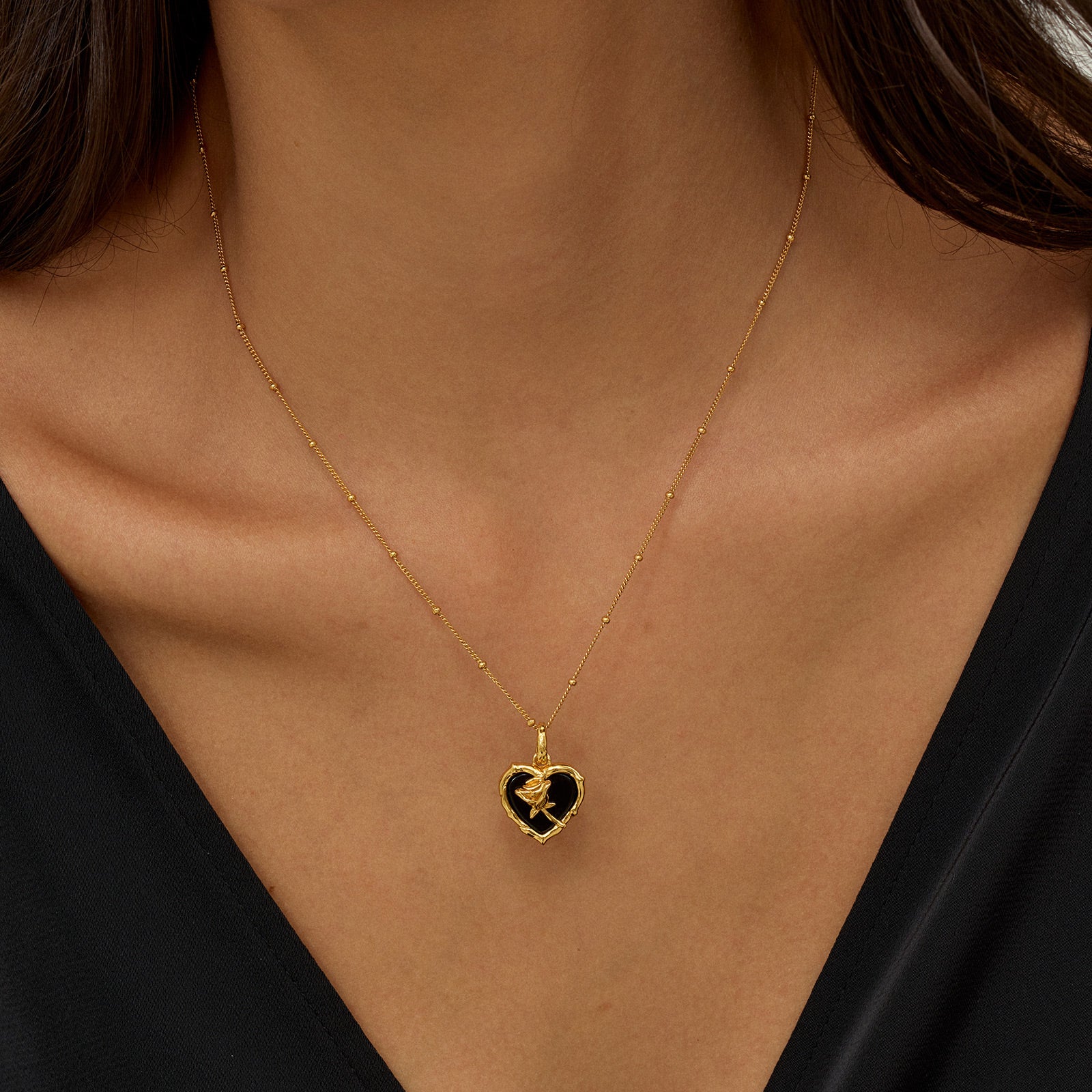 Vintage Heart Pendant Necklace with Rose Detail
