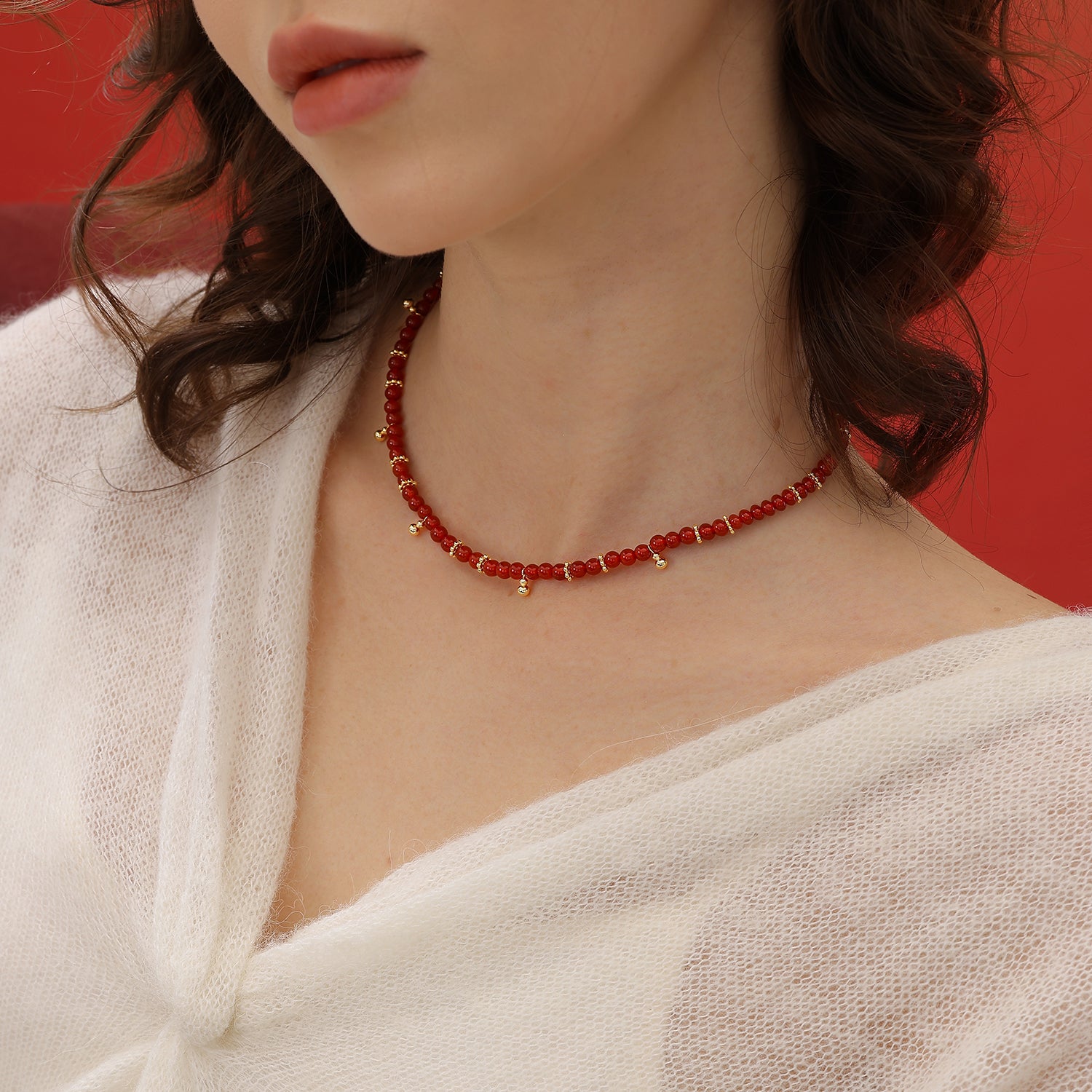 Red Agate Necklace with Gold Ball Charms