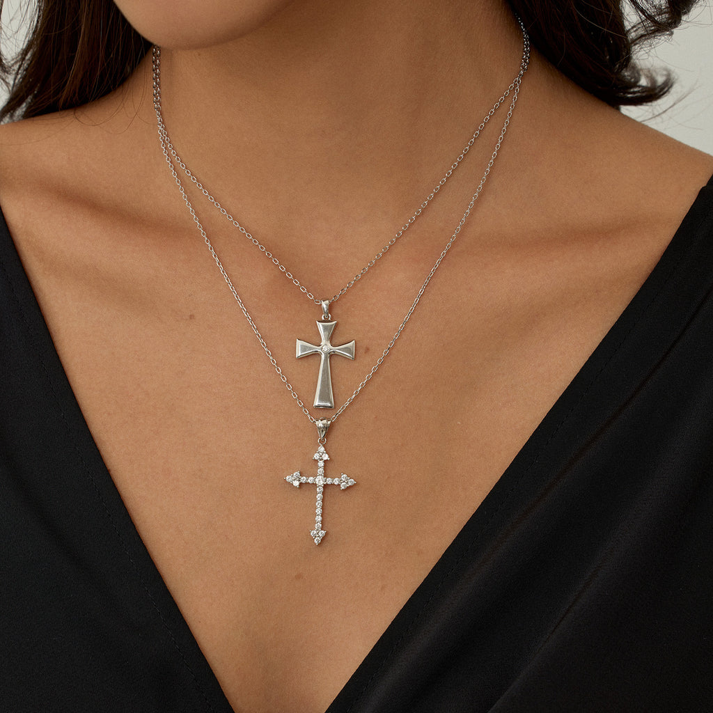 Cross Silver Pendant Necklace with Cubic Zirconia