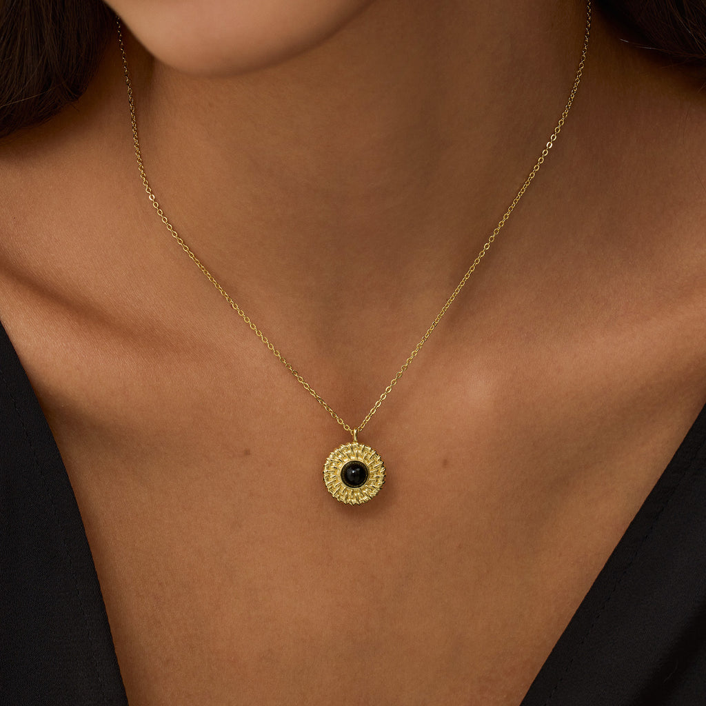 Black Agate Sunflower Pendant Necklace