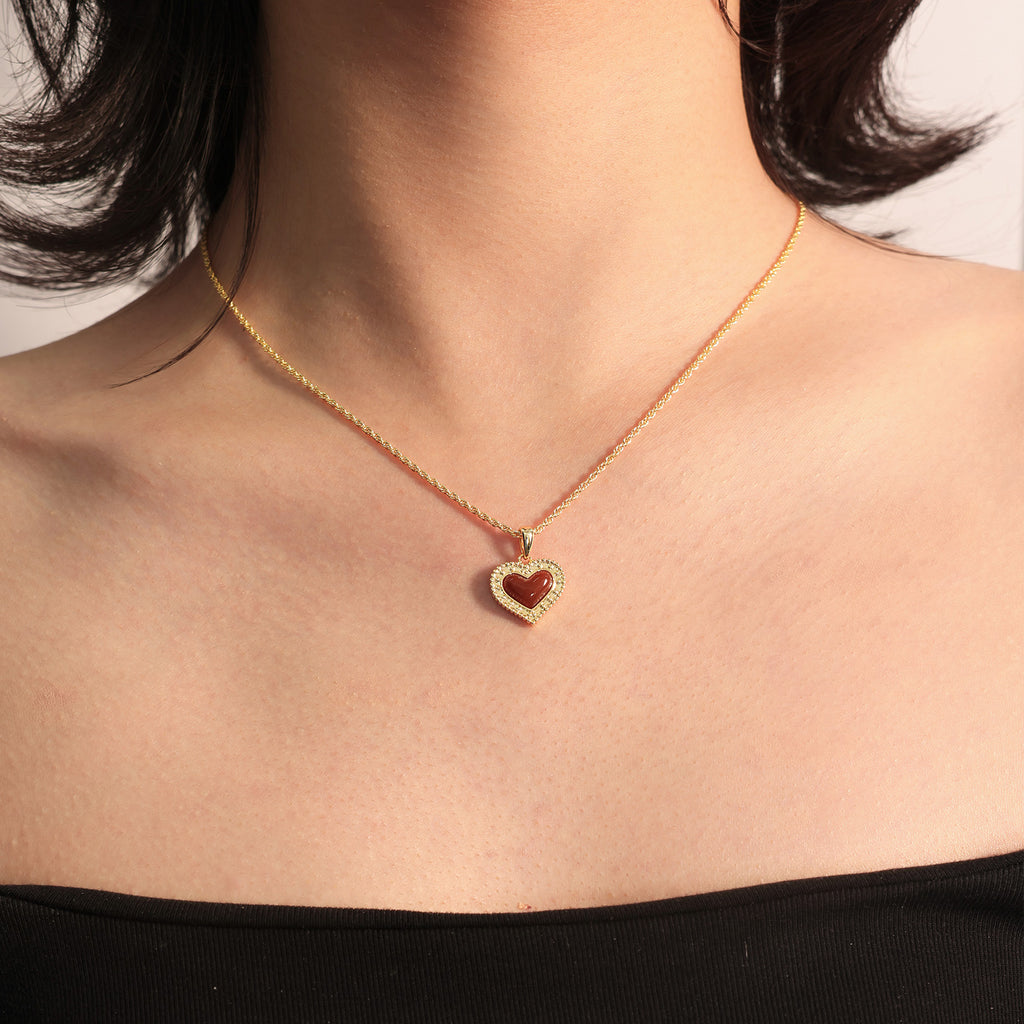 Gold-Tone Red Agate Heart Pendant Necklace