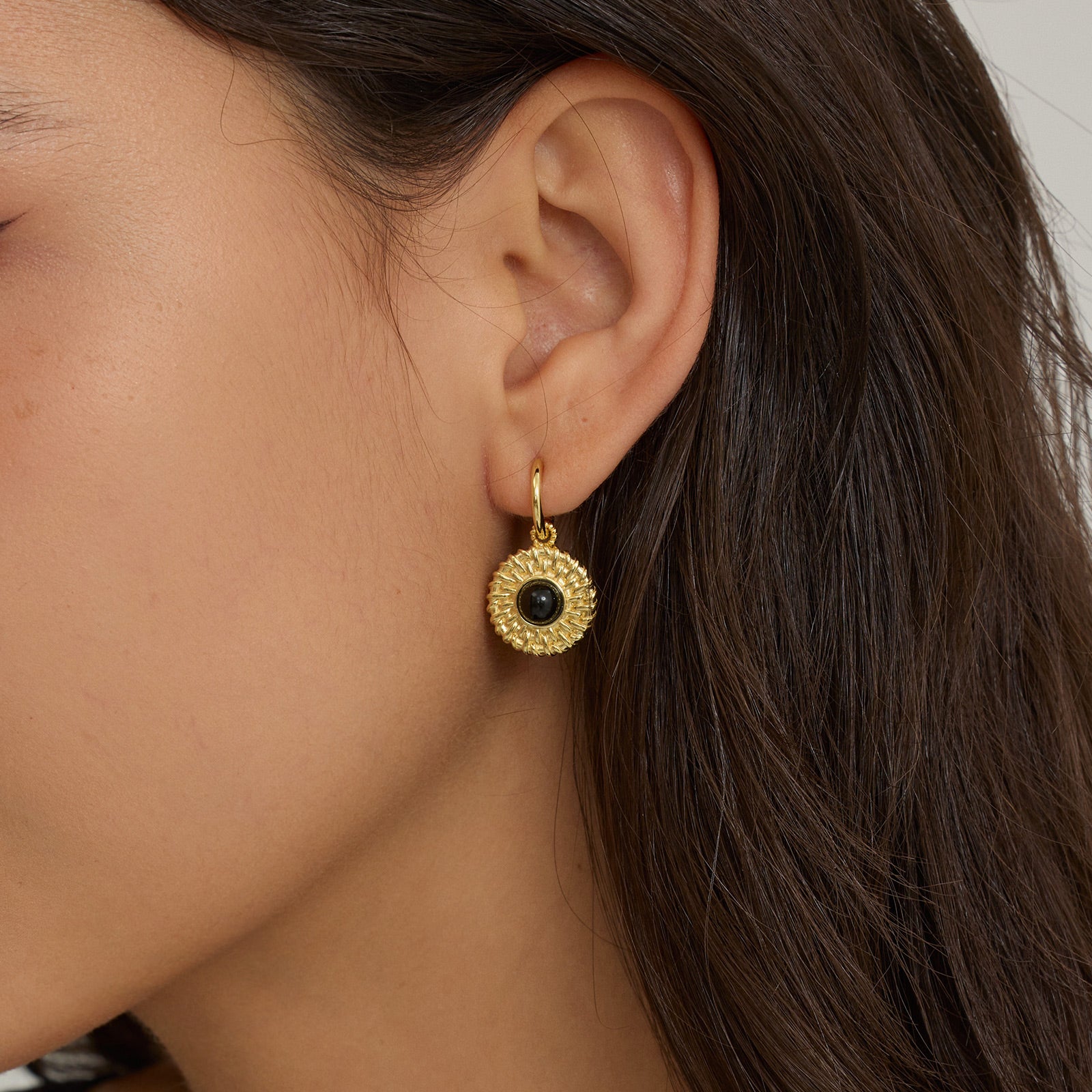 Black Agate Sunflower Huggie Earrings