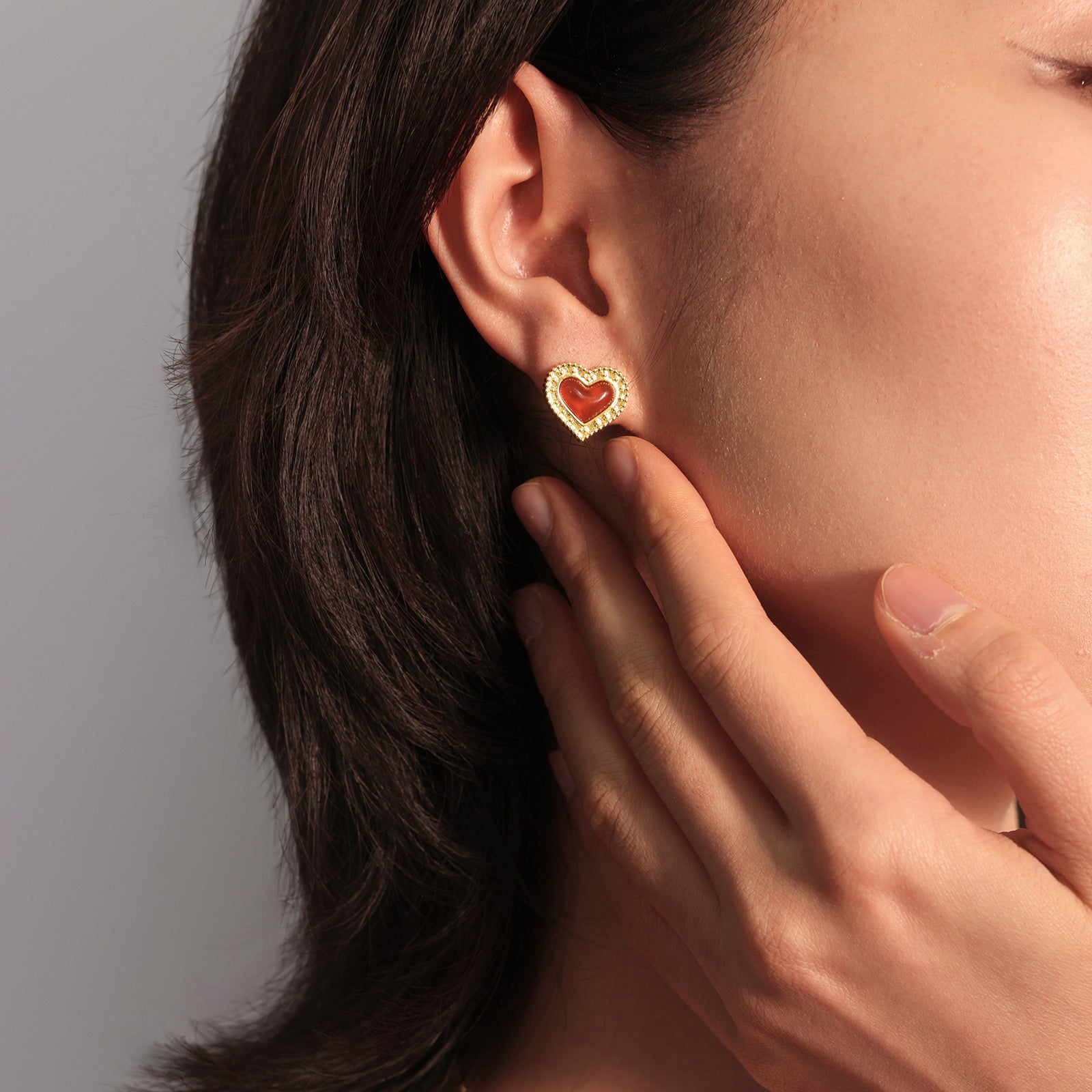Gold-Tone Red Agate Heart Stud Earrings