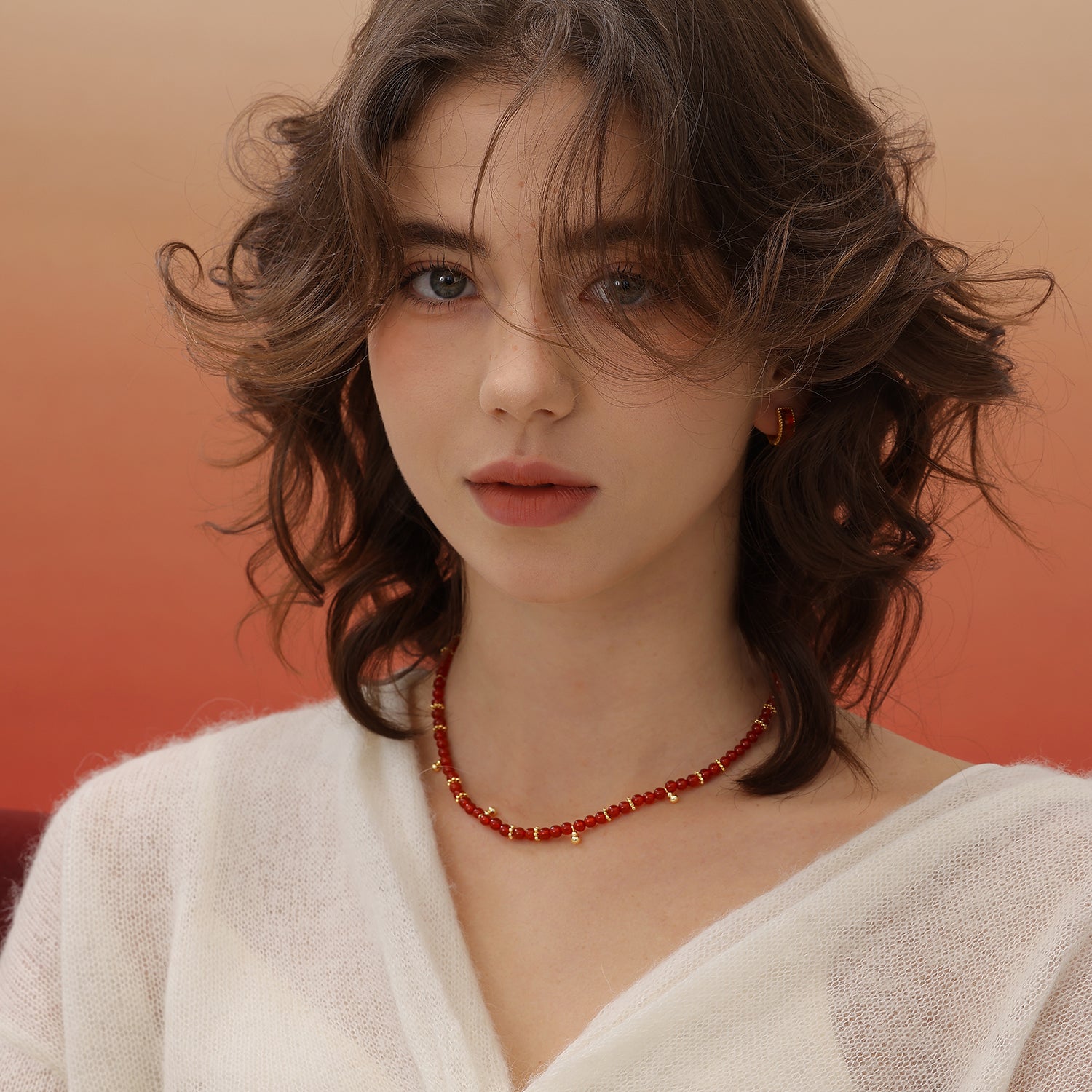 Red Agate Necklace with Gold Ball Charms