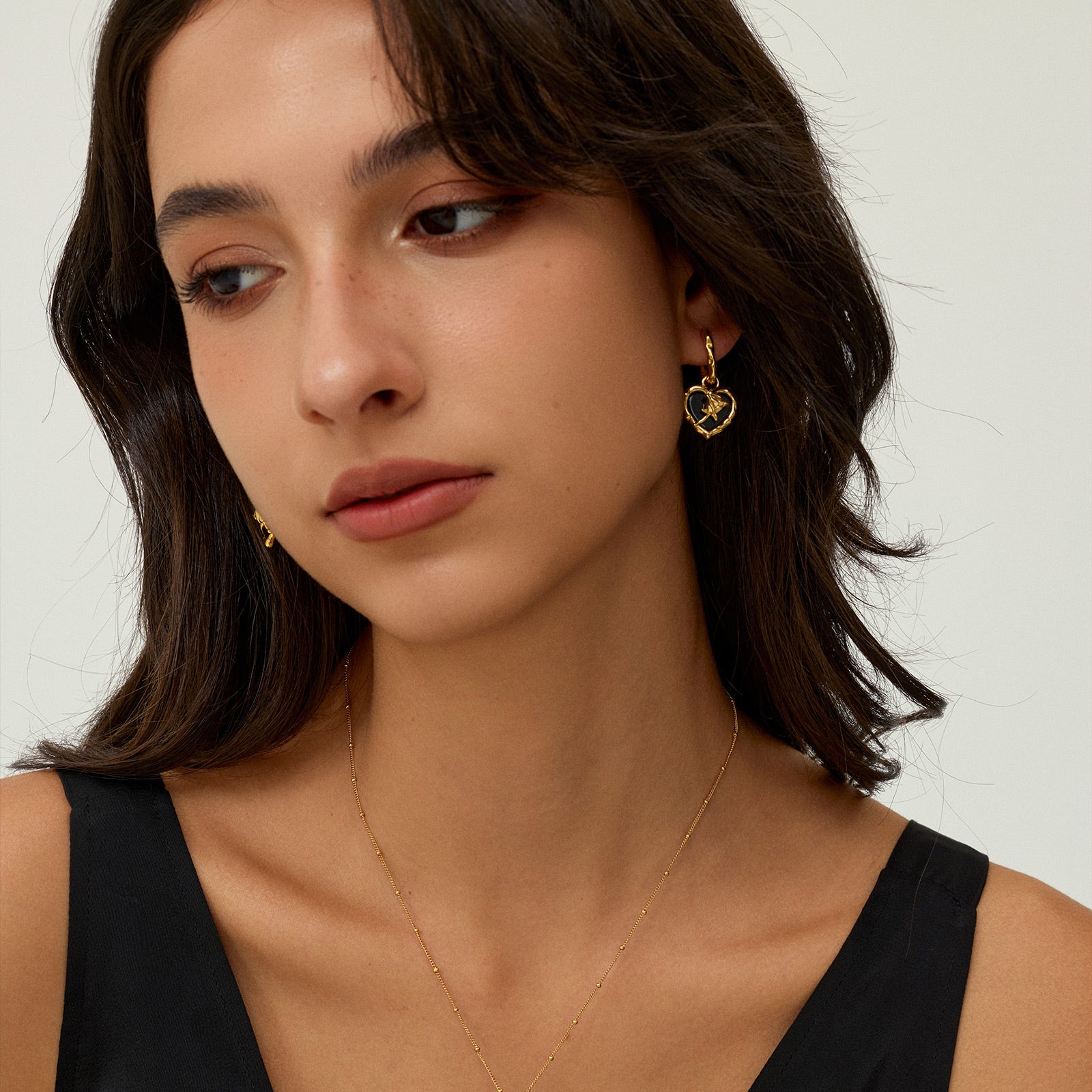 Black Agate Heart Huggie Earrings