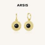 Black Agate Sunflower Huggie Earrings