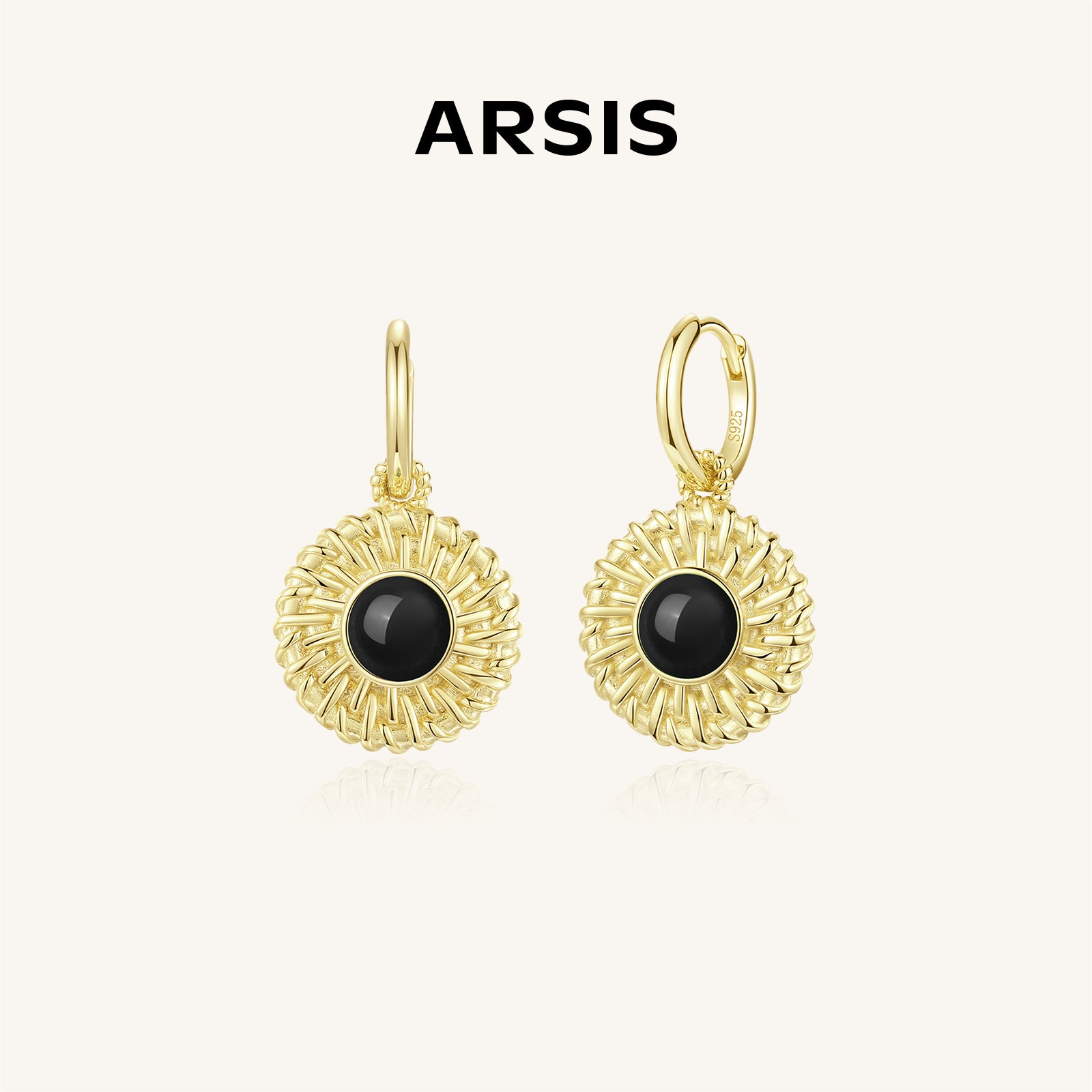 Black Agate Sunflower Huggie Earrings
