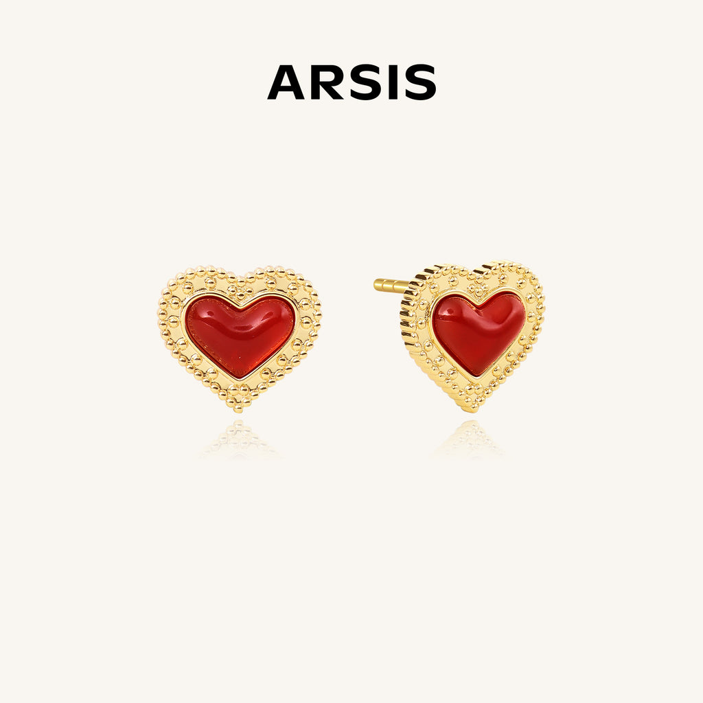 Gold-Tone Red Agate Heart Stud Earrings