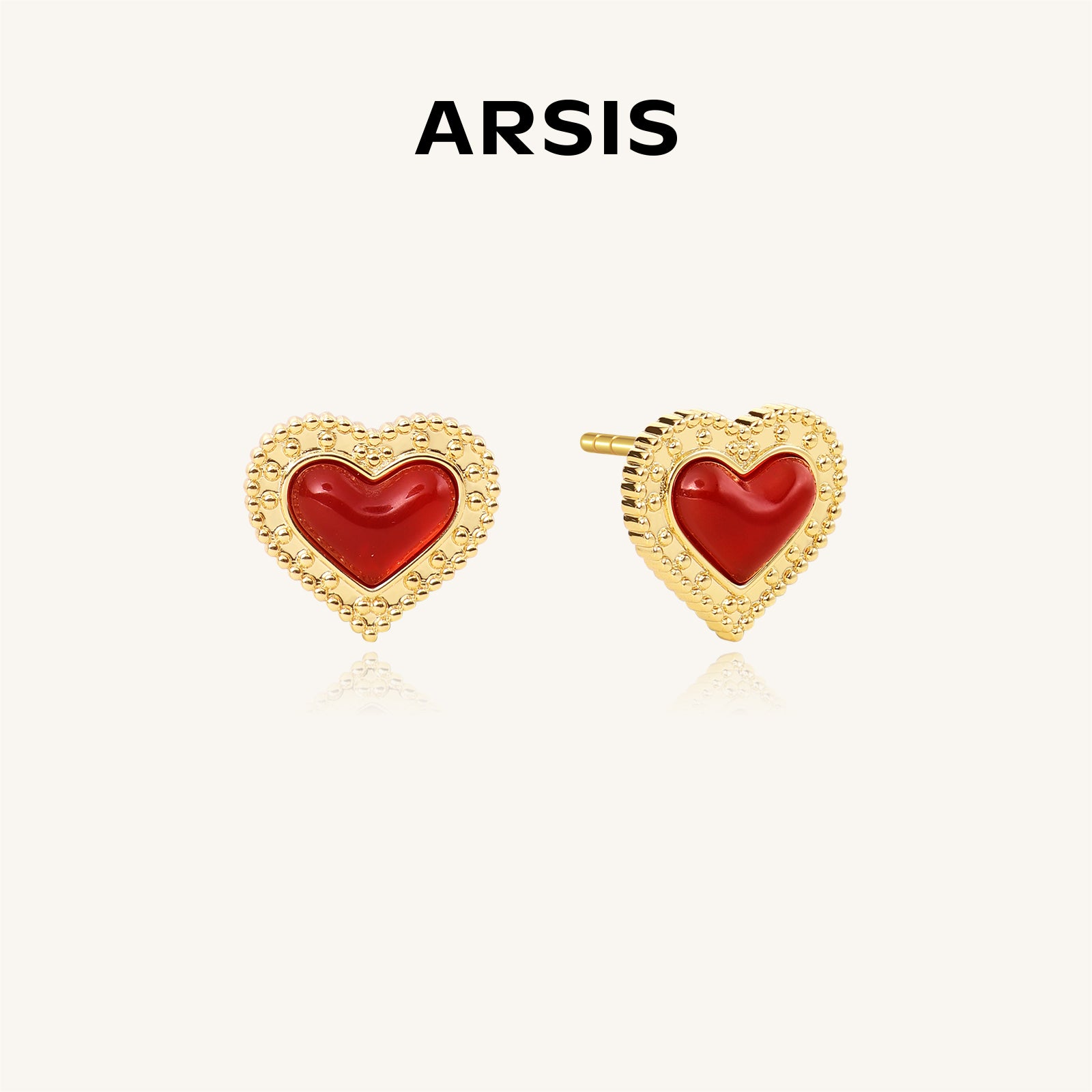 Gold-Tone Red Agate Heart Stud Earrings