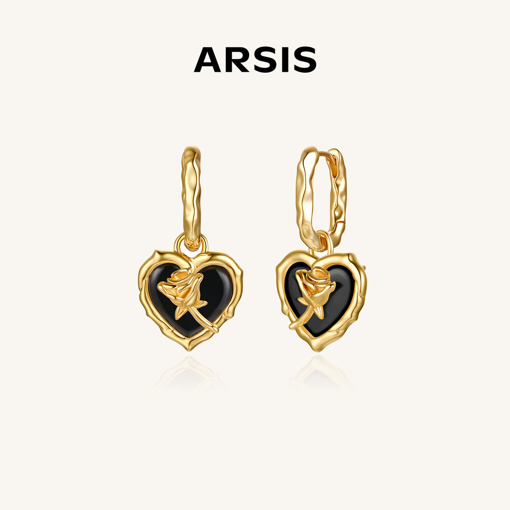 Black Agate Heart Huggie Earrings