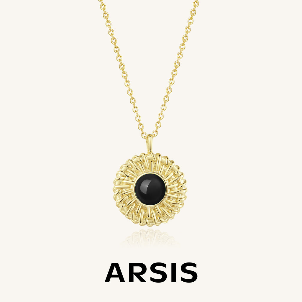 Black Agate Sunflower Pendant Necklace