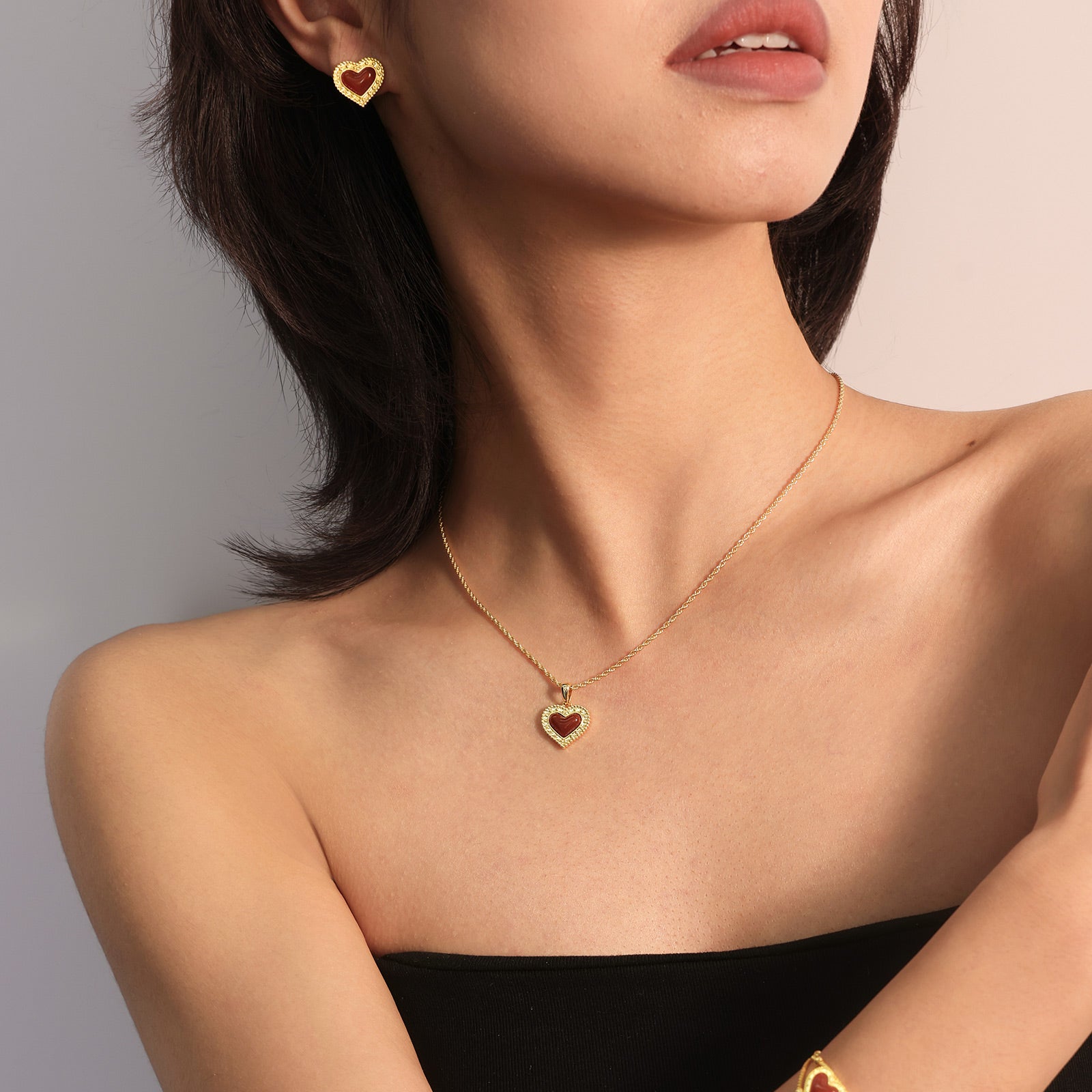 Gold-Tone Red Agate Heart Pendant Necklace