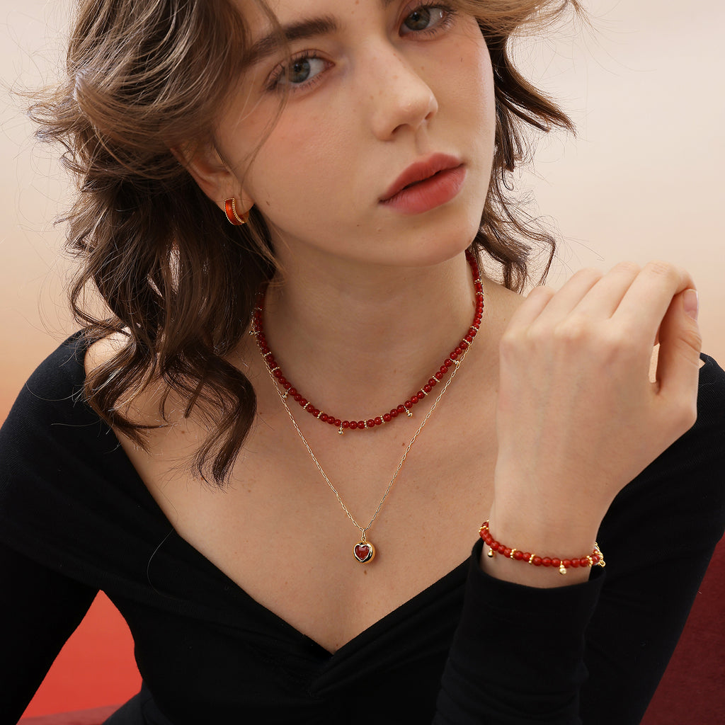 Red Agate Necklace with Gold Ball Charms
