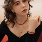 Red Agate Necklace with Gold Ball Charms